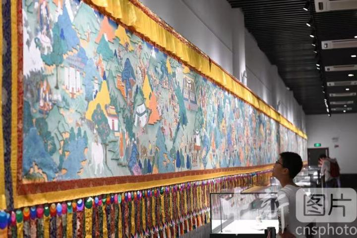 圖為一名小朋友觀看唐卡《涼州會(huì)盟》。 中新社記者 戴文昌 攝