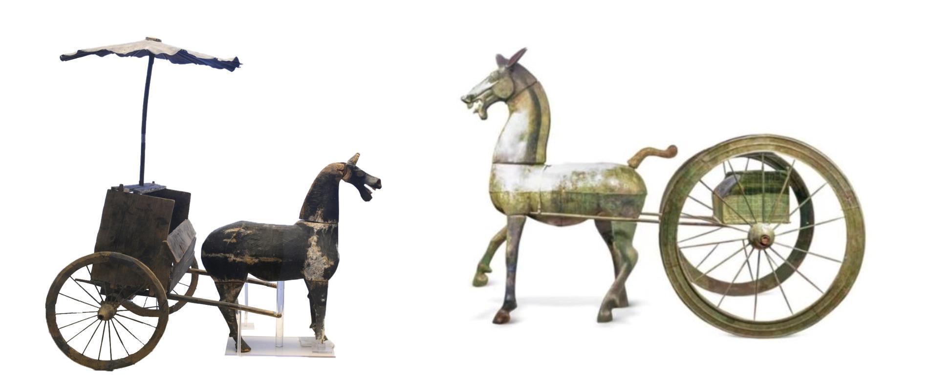 △左為漢代木軺車，藏于青海省博物館；右為東漢銅車馬，藏于黔西南州博物館。